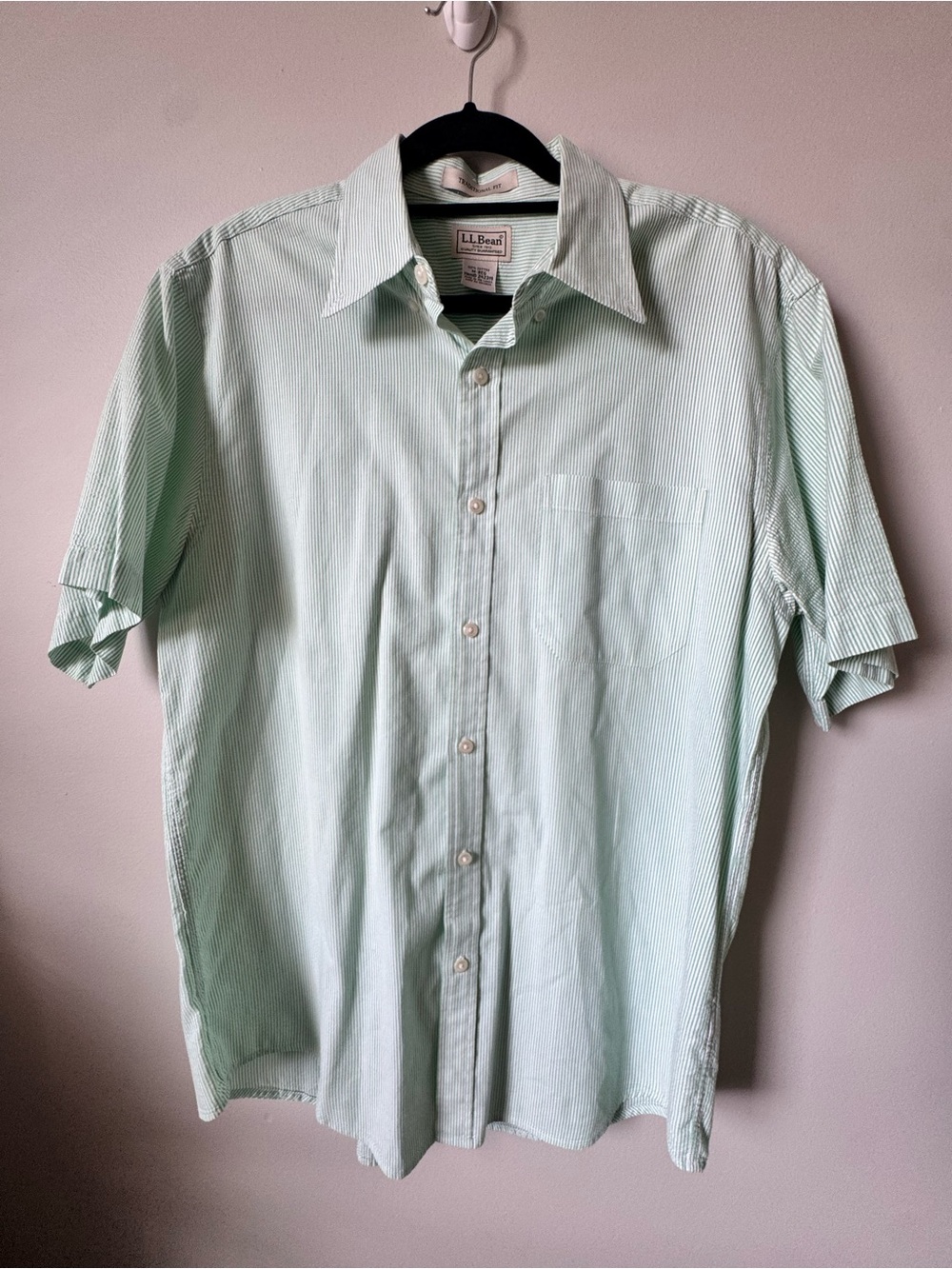 Vintage L.L. Bean Men's Mint Green Short-Sleeve Button-Down Shirt